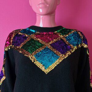 Vintage 90s M Black Cotton Blend Pullover Knit Sweater Sequin Embellished Dolman